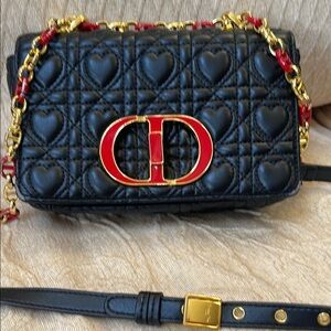 Black Quilted Leather Bag with Gold and Red Chain